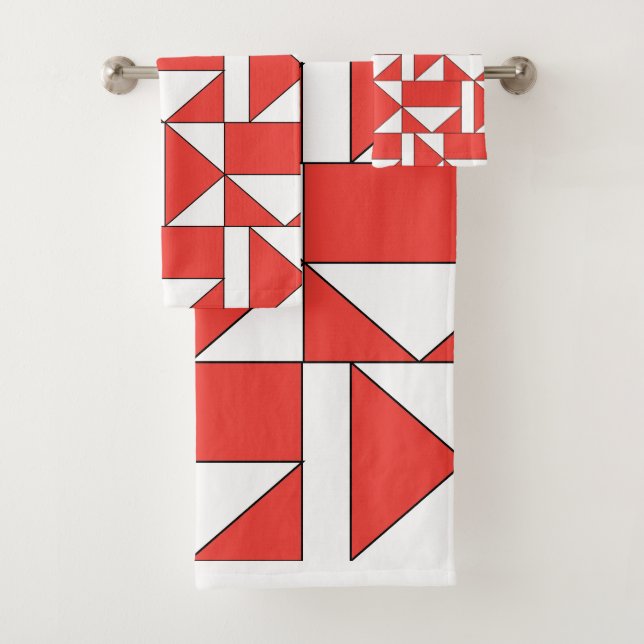 Orange White Triangle Square Geometric Bath Towel Set (Insitu)