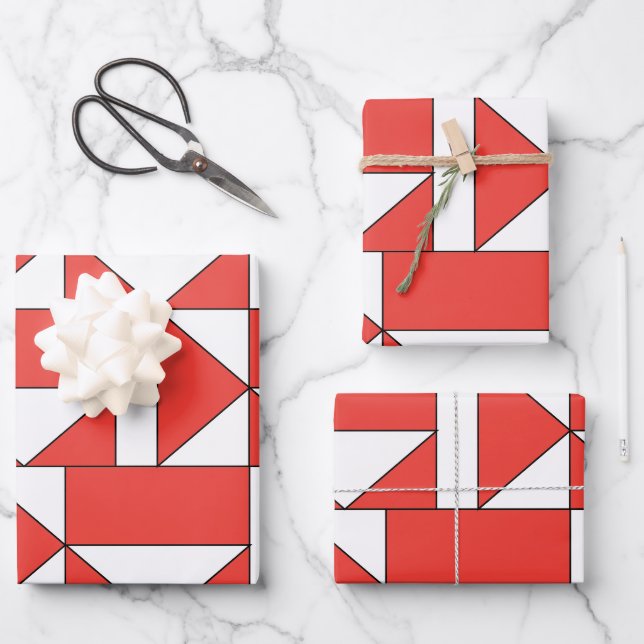 Orange White Triangle Square Geometric Wrapping Paper Sheets (Front)