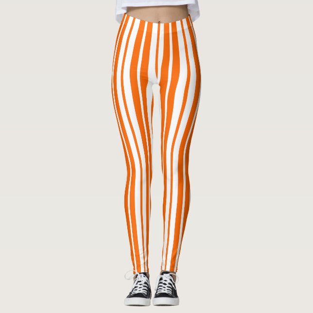 Orange White Vertical Stripes Pattern Leggings (Front)