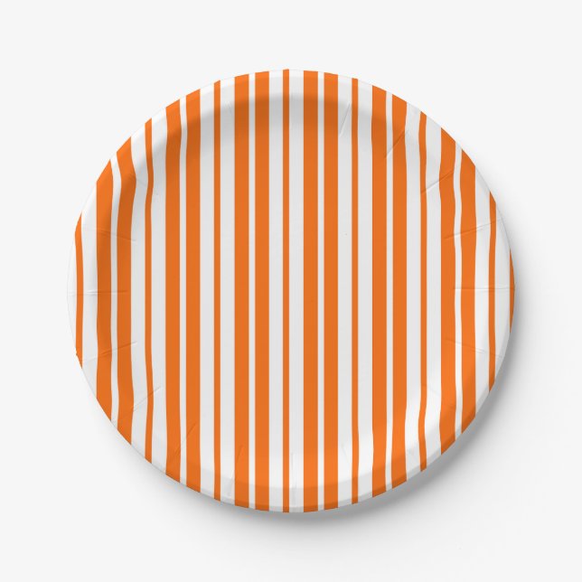 Orange White Vertical Stripes Pattern Paper Plates (Front)