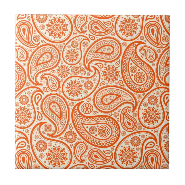 Orange & White Vintage Paisley Damask Pattern Tile (Front)
