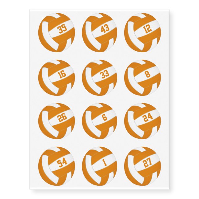 orange white volleyballs w jersey numbers set 12 temporary tattoos (Front)