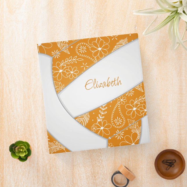 orange white w girly floral pattern volleyball 3 ring binder (In Situ)