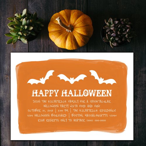 Orange White Watercolor Bats Halloween Party Invitation