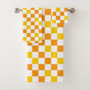 Orange White Yellow Checkered Pattern Design  Bath Towel Set