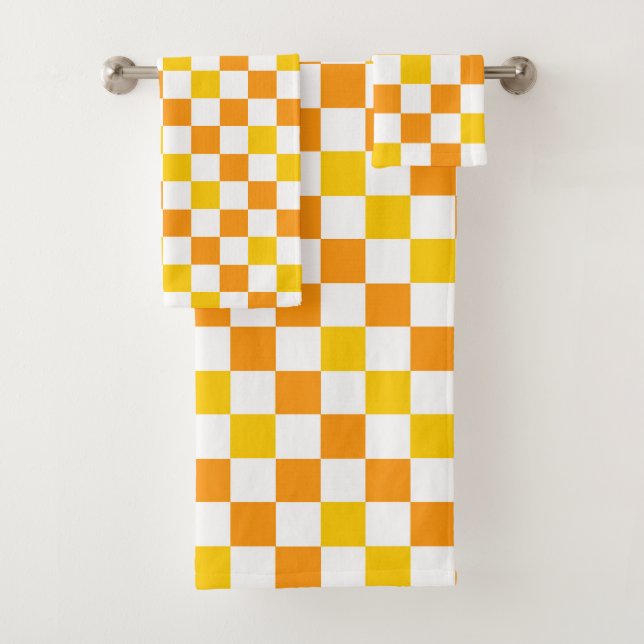 Orange White Yellow Checkered Pattern Design  Bath Towel Set (Insitu)