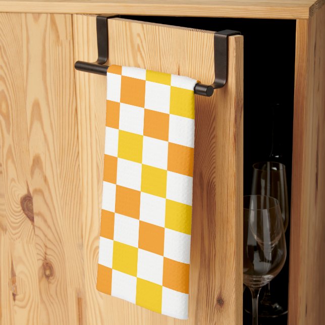 Orange White Yellow Checkered Pattern Design  Kitchen Towel (Thirds Fold)