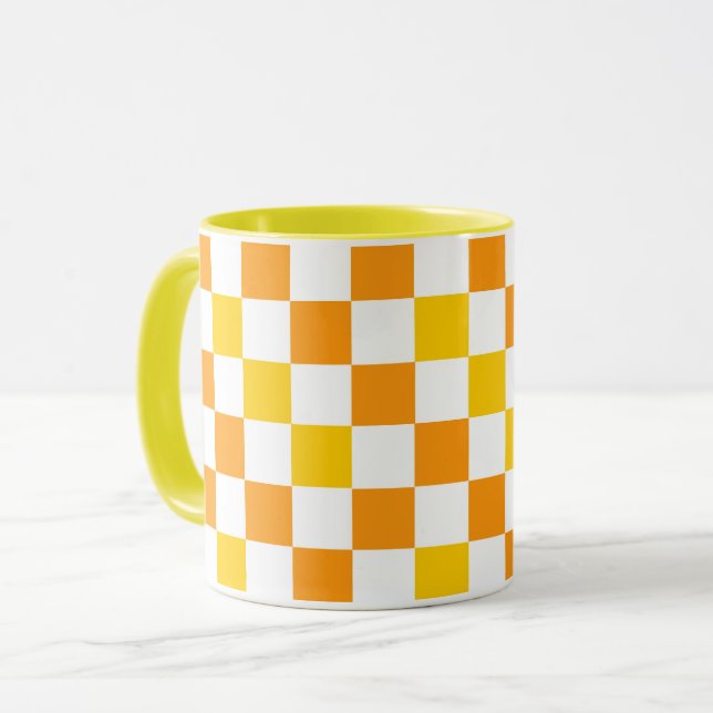 Orange White Yellow Checkered Pattern Design  Mug (Front Left)