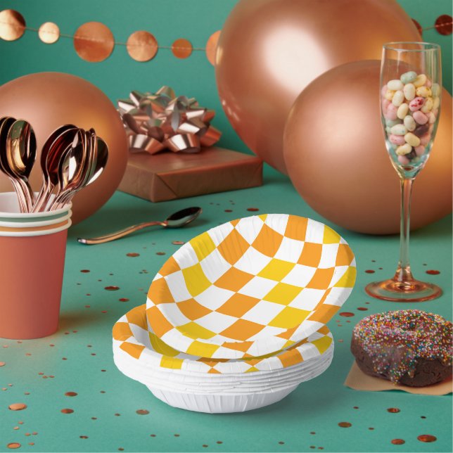 Orange White Yellow Checkered Pattern Design  Paper Bowls (Multi)