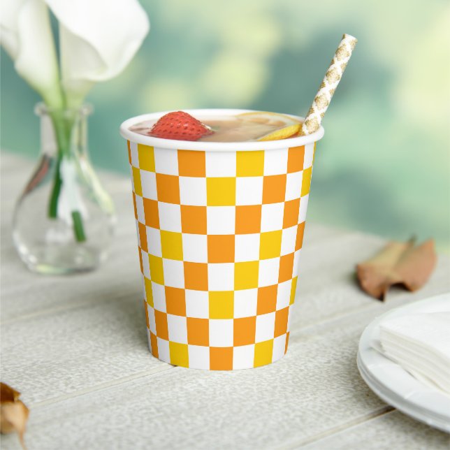 Orange White Yellow Checkered Pattern Design  Paper Cups (Insitu)