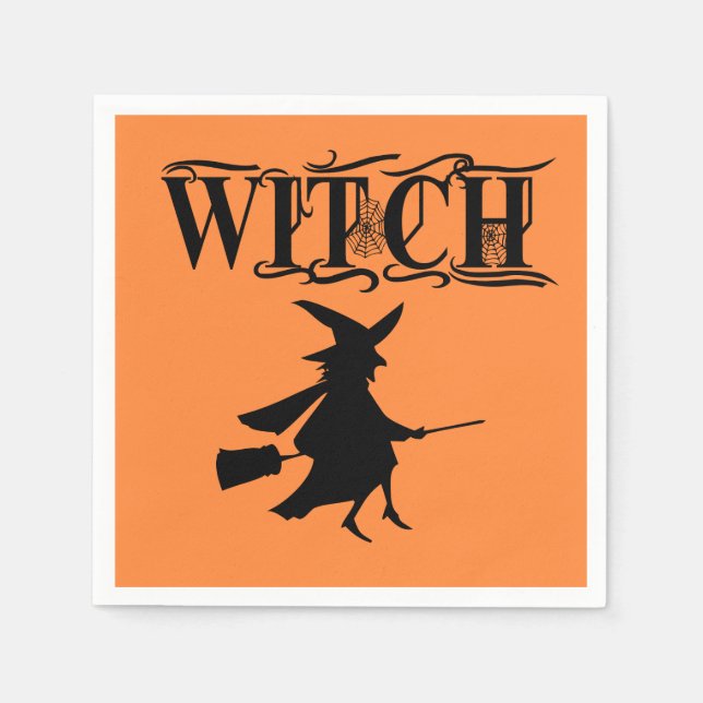 Orange Wicked Flying Witch Halloween  Napkins (Front)