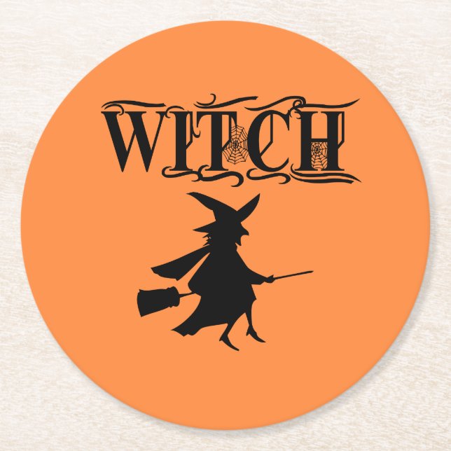 Orange Wicked Flying Witch Halloween  Round Paper Coaster (Front)
