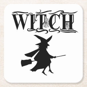 Orange Wicked Flying Witch Halloween Square Paper Coaster