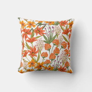 Orange Wildflower Botanical Pattern Throw Pillow
