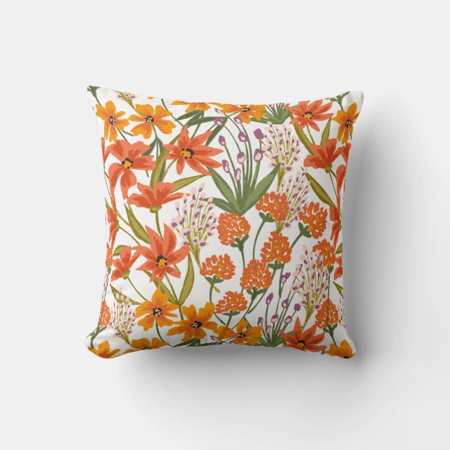 Orange Wildflower Botanical Pattern  Throw Pillow (Front)