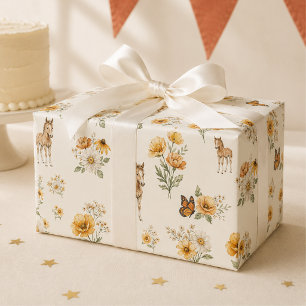Orange Wildflower Horse and Butterfly Pattern Wrapping Paper