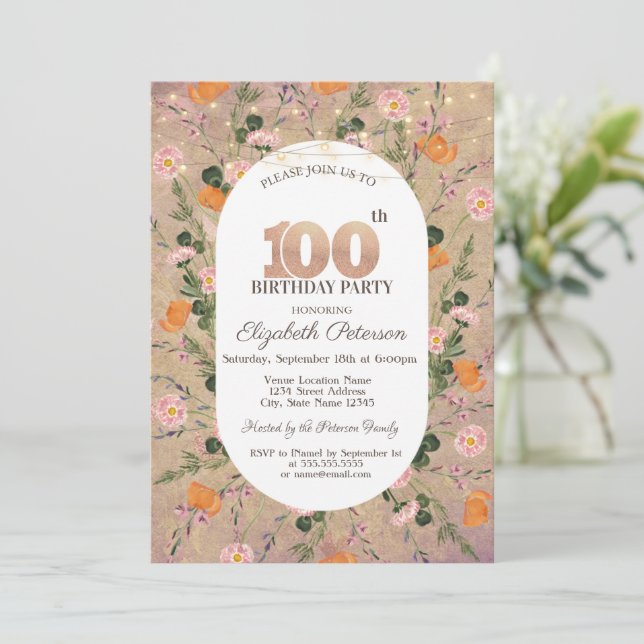 Orange Wildflower String Lights 100th Birthday Invitation (Standing Front)