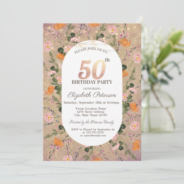 Orange Wildflower String Lights 50th Birthday Invitation (Standing Front)