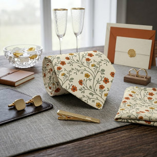 Orange Wildflower Vine Pattern Neck Tie