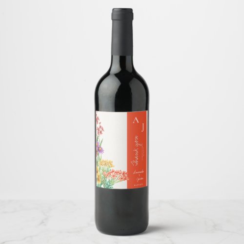 Orange Wildflowers Monogram Initials Wedding  Wine Label