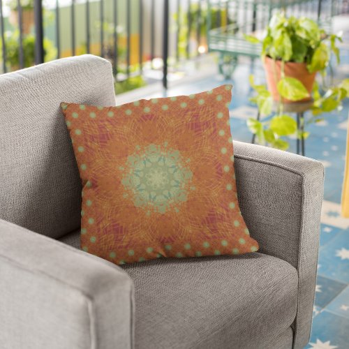 Orange Wine Sage Green Wavy Mandala Tile Outdoor Pillow