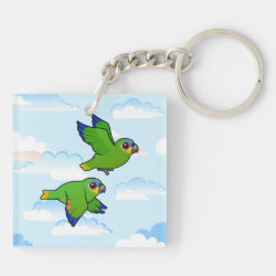Orange-winged Parrots in Flight Square Keychain (double-sided)