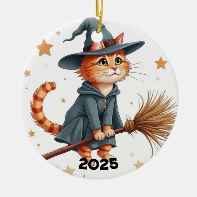 Orange Witch Cat  Ceramic Ornament (Front)