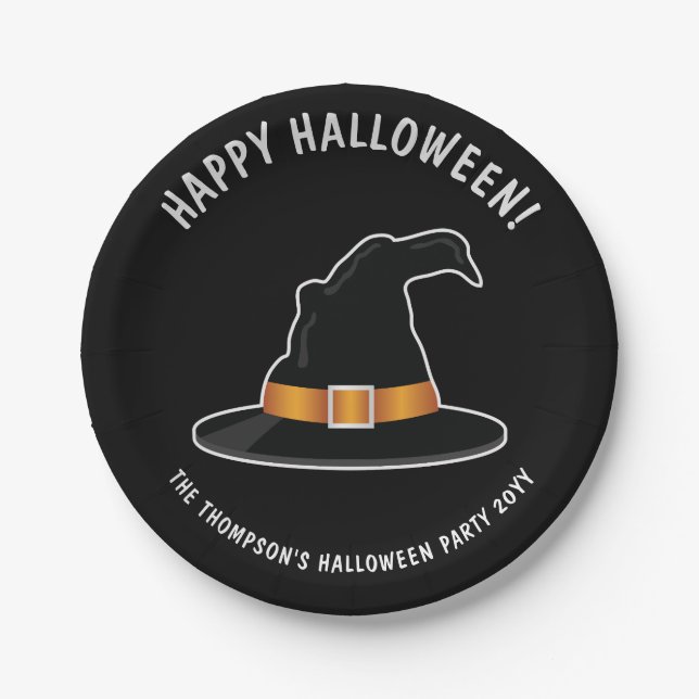 Orange Witch Hat Witch's Hat Happy Halloween Paper Plates (Front)