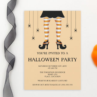 Orange Witch Legs And Spiders Happy Halloween Invitation