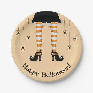 Orange Witch Legs And Spiders Happy Halloween Paper Plates