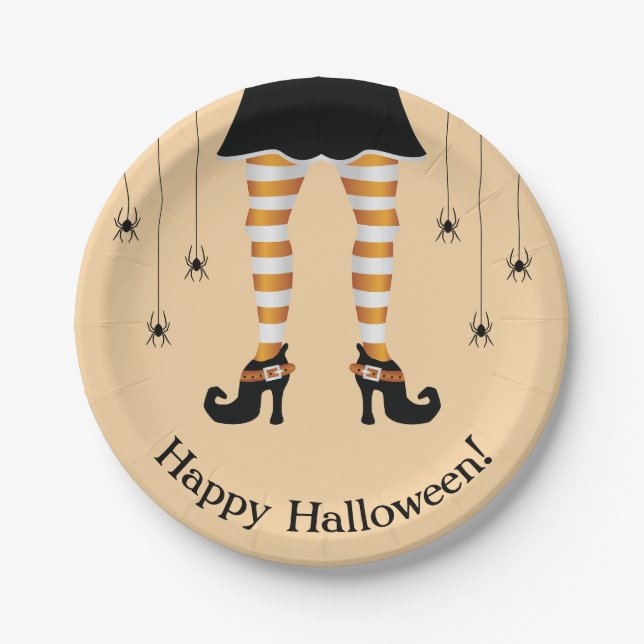 Orange Witch Legs And Spiders Happy Halloween Paper Plates (Front)