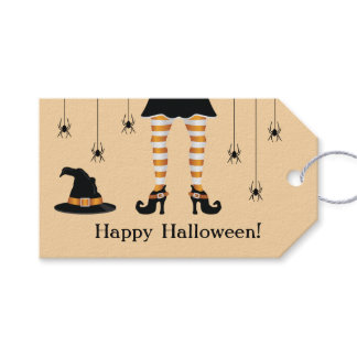 Orange Witch Legs And Spiders Happy Halloween Text Gift Tags