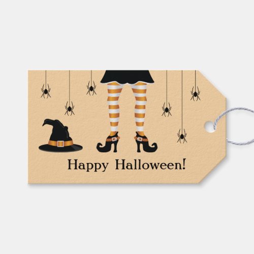 Orange Witch Legs And Spiders Happy Halloween Text Gift Tags