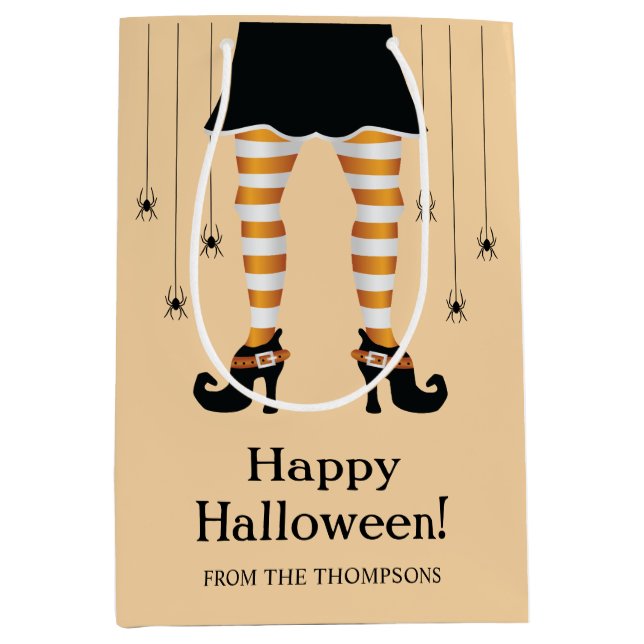 Orange Witch Legs And Spiders Happy Halloween Text Medium Gift Bag (Front)