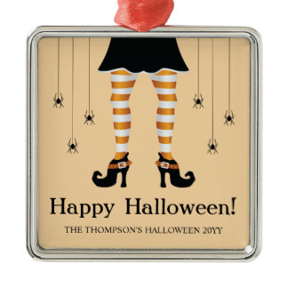 Orange Witch Legs And Spiders Happy Halloween Text Metal Ornament