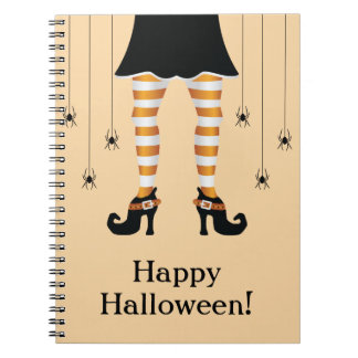 Orange Witch Legs And Spiders Happy Halloween Text Notebook
