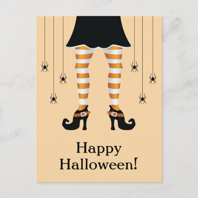 Orange Witch Legs And Spiders Happy Halloween Text Postcard (Front)