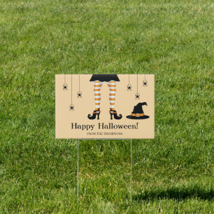 Orange Witch Legs And Spiders Happy Halloween Text Sign