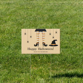 Orange Witch Legs And Spiders Happy Halloween Text Sign