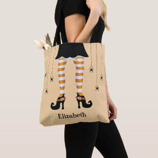 Orange Witch Legs And Spiders With Name Halloween Tote Bag