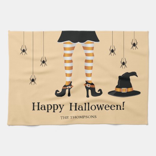 Orange Witch Legs With A Hat And Spiders Halloween Kitchen Towel