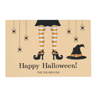 Orange Witch Legs With A Hat And Spiders Halloween Placemat