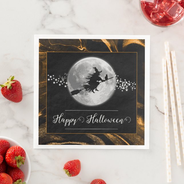 Orange Witch Silhouette Halloween Paper Dinner Napkins (Insitu)