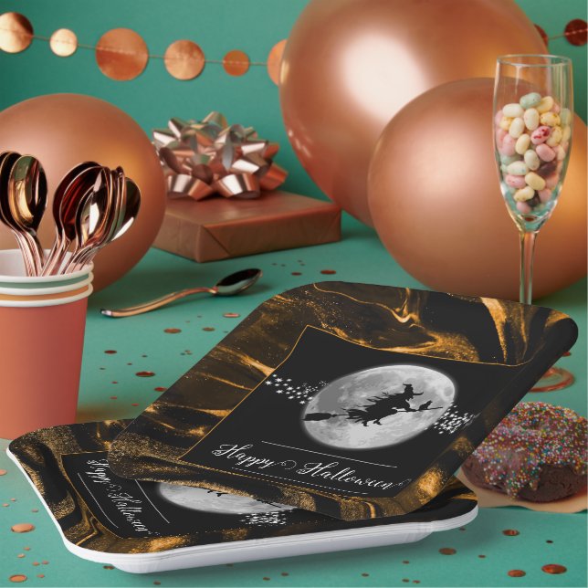 Orange Witch Silhouette Halloween Paper Plates (Multi)