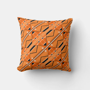 Orange with Beige, Black Shapes Diagonal Design Throw Pillow