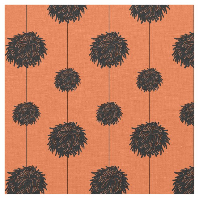 Orange with Black Pom Poms Cheerleader Pattern Fabric (Close Up)