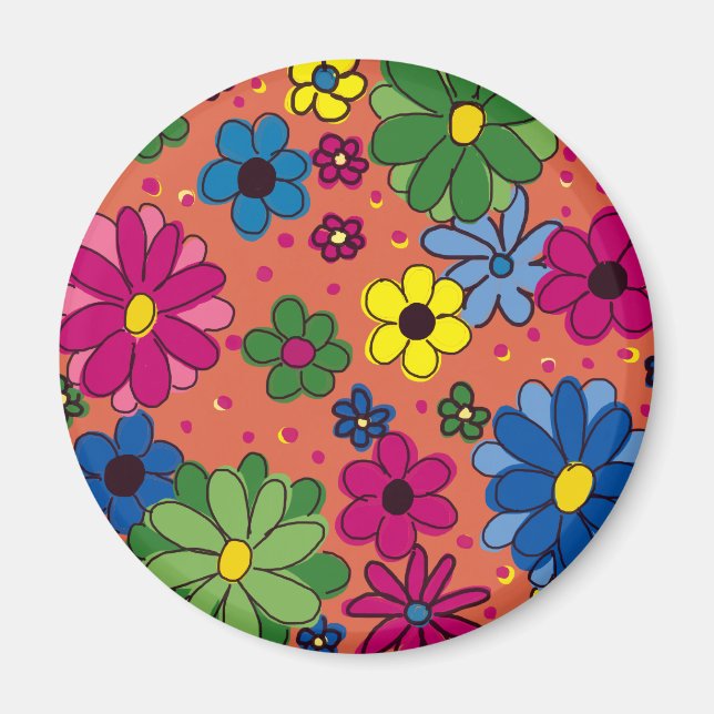 Orange with Brightly Colored Flowers Magnet (Front)