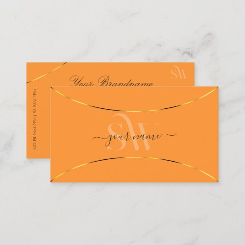Orange with Gold Decor Borders and Monogram Modern Business Card