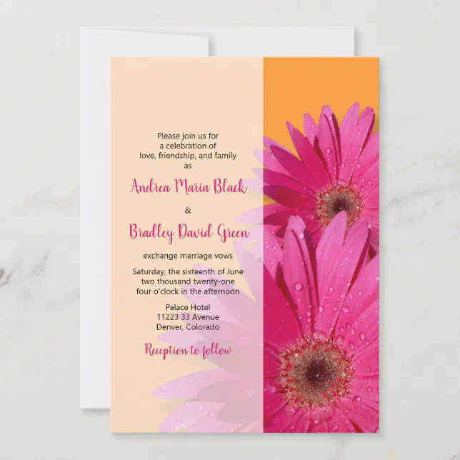 Orange with Pink Gerbera Daisy Wedding Invitation | Zazzle