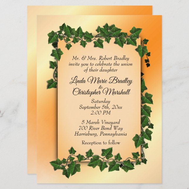 Orange with Vines Fall Wedding Invitation (Front/Back)